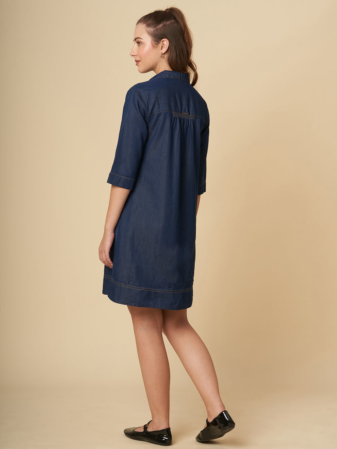 DENIM POP-OVER SHIFT DRESS
