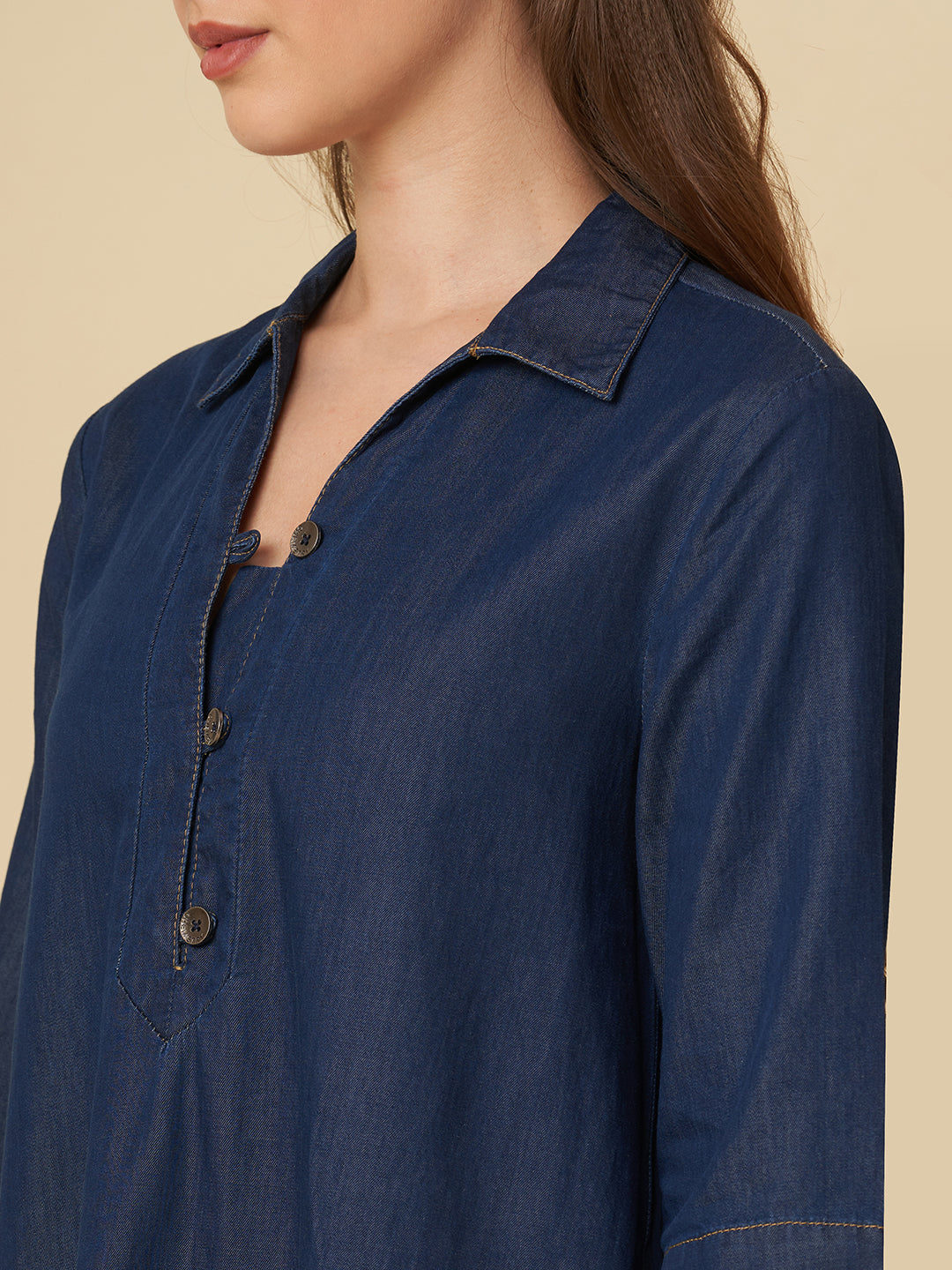 DENIM POP-OVER SHIFT DRESS