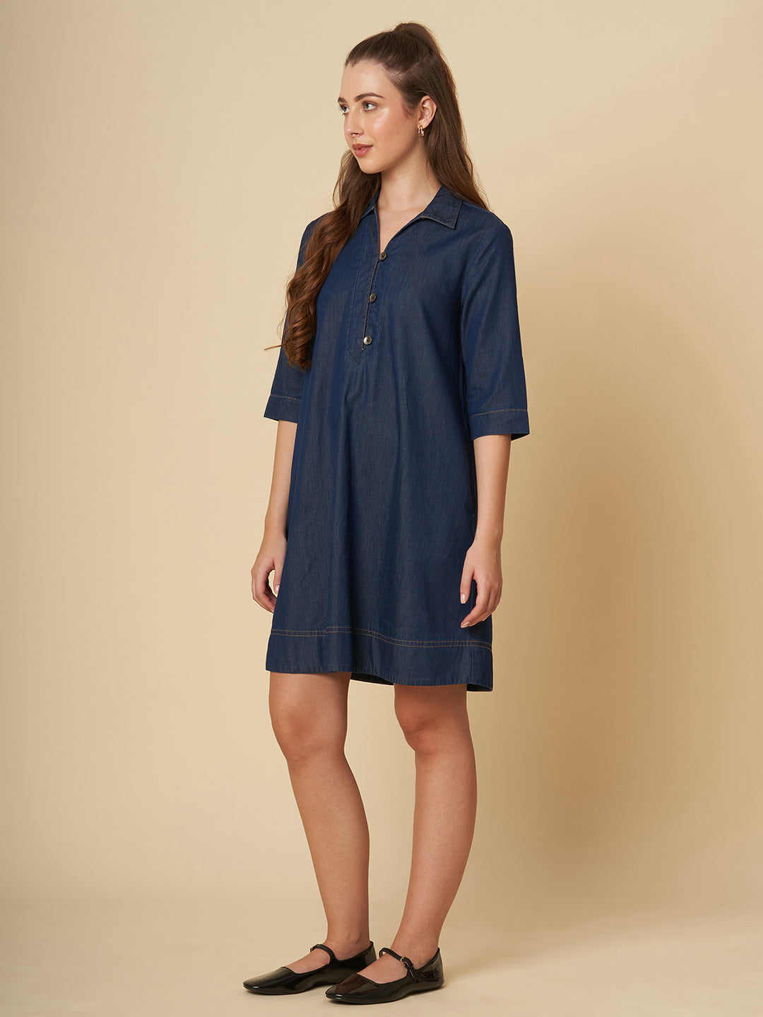 DENIM POP-OVER SHIFT DRESS