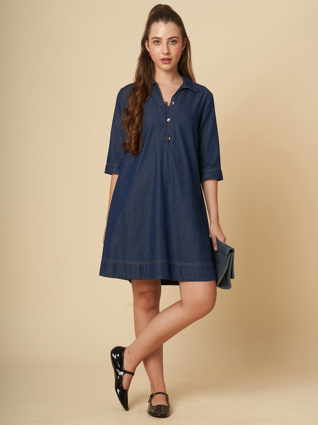 DENIM POP-OVER SHIFT DRESS