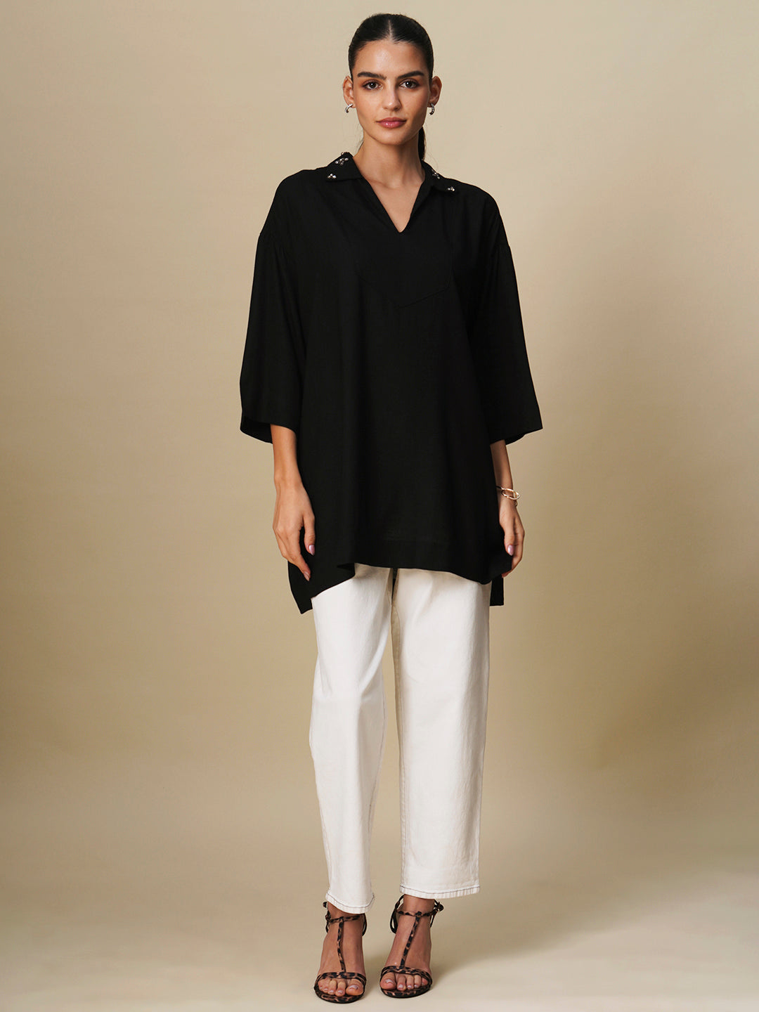 VISCOSE SLUB EMBELLISHED COLLAR OVERSIZED TUNIC TOP