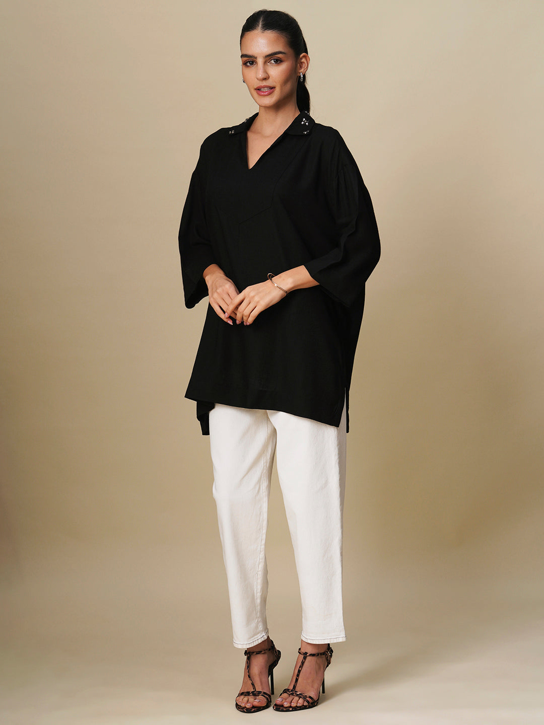 VISCOSE SLUB EMBELLISHED COLLAR OVERSIZED TUNIC TOP