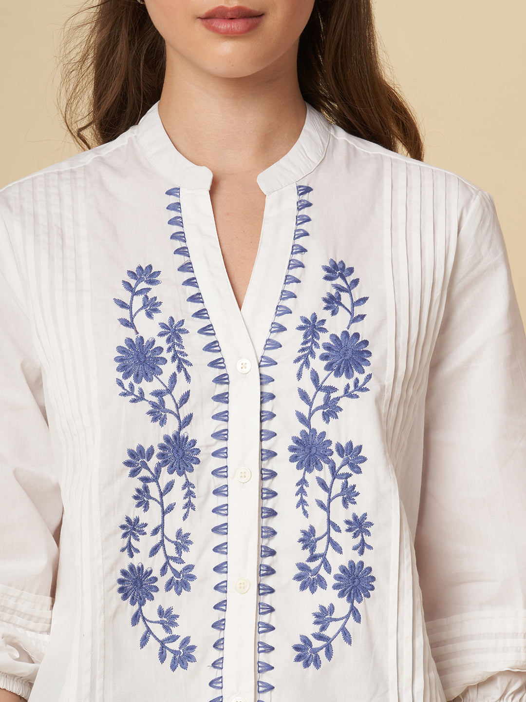 POPLIN EMBROIDERED TUCKED SHIRT