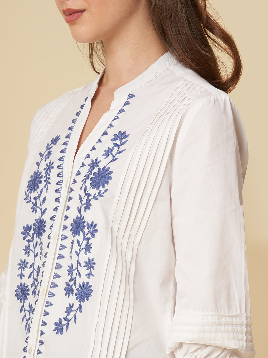 POPLIN EMBROIDERED TUCKED SHIRT