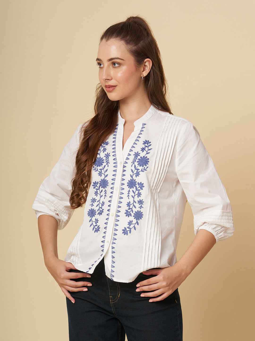 POPLIN EMBROIDERED TUCKED SHIRT