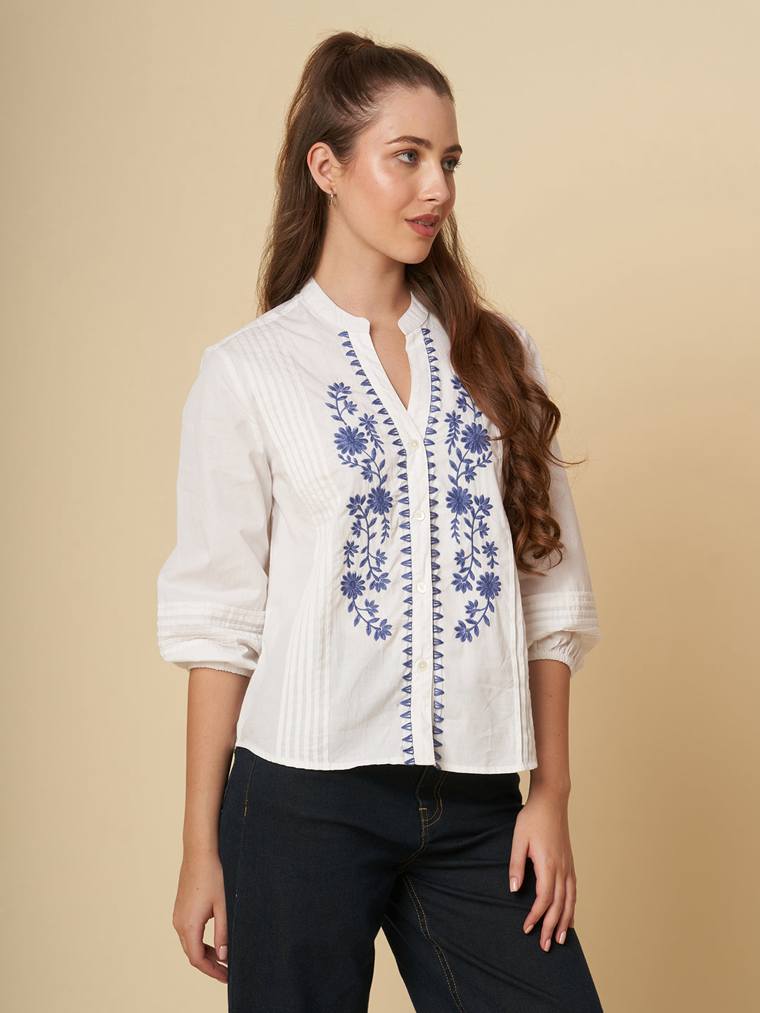 POPLIN EMBROIDERED TUCKED SHIRT
