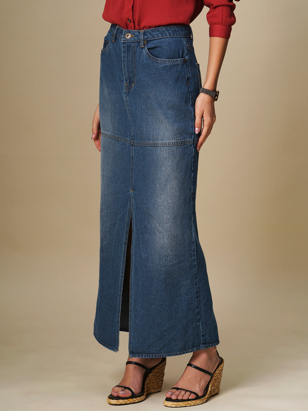 DENIM FRONT SLIT MAXI SKIRT