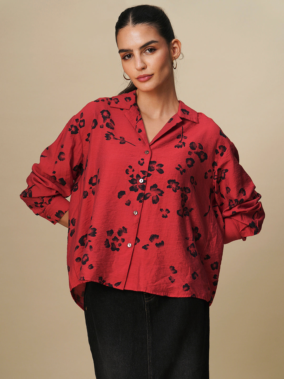 SAKURA PRINTED CRUSHED VISCOSE OVERSIZED SHIRT