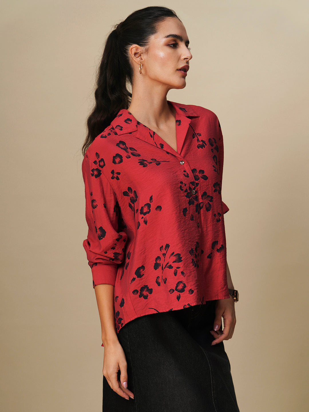 SAKURA PRINTED CRUSHED VISCOSE OVERSIZED SHIRT