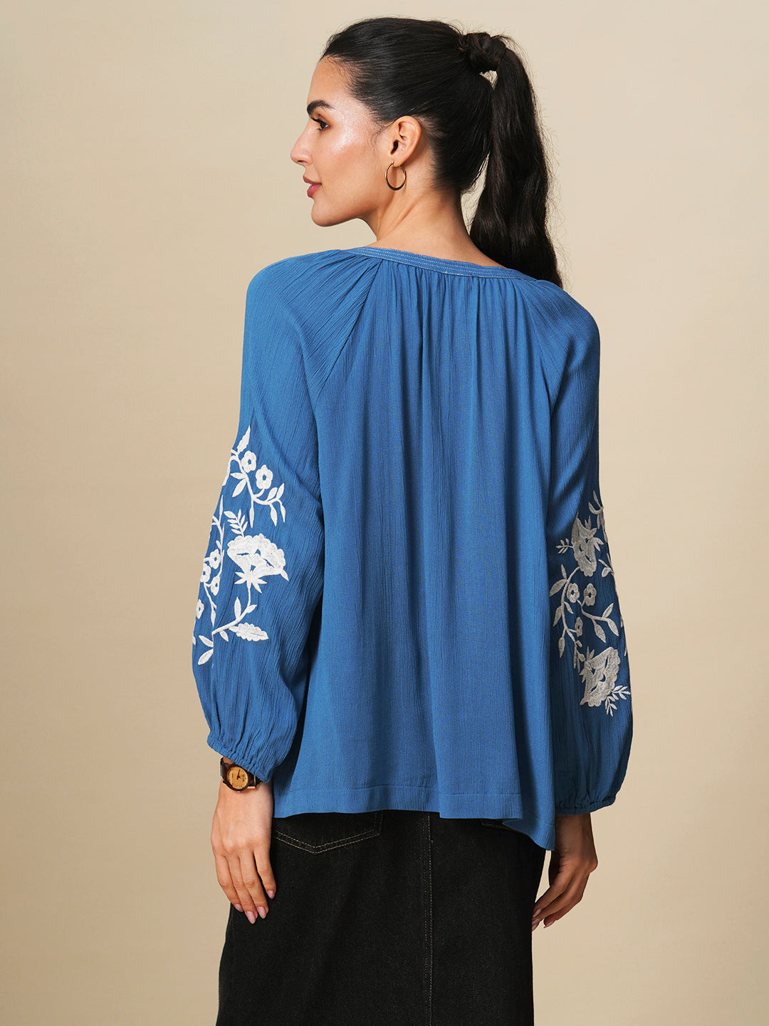 CRINKLE RAYON EMBROIDERED TUNIC TOP