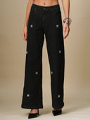 EMBELLISHED MID RISE FLARED JEANS