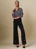 EMBELLISHED MID RISE FLARED JEANS