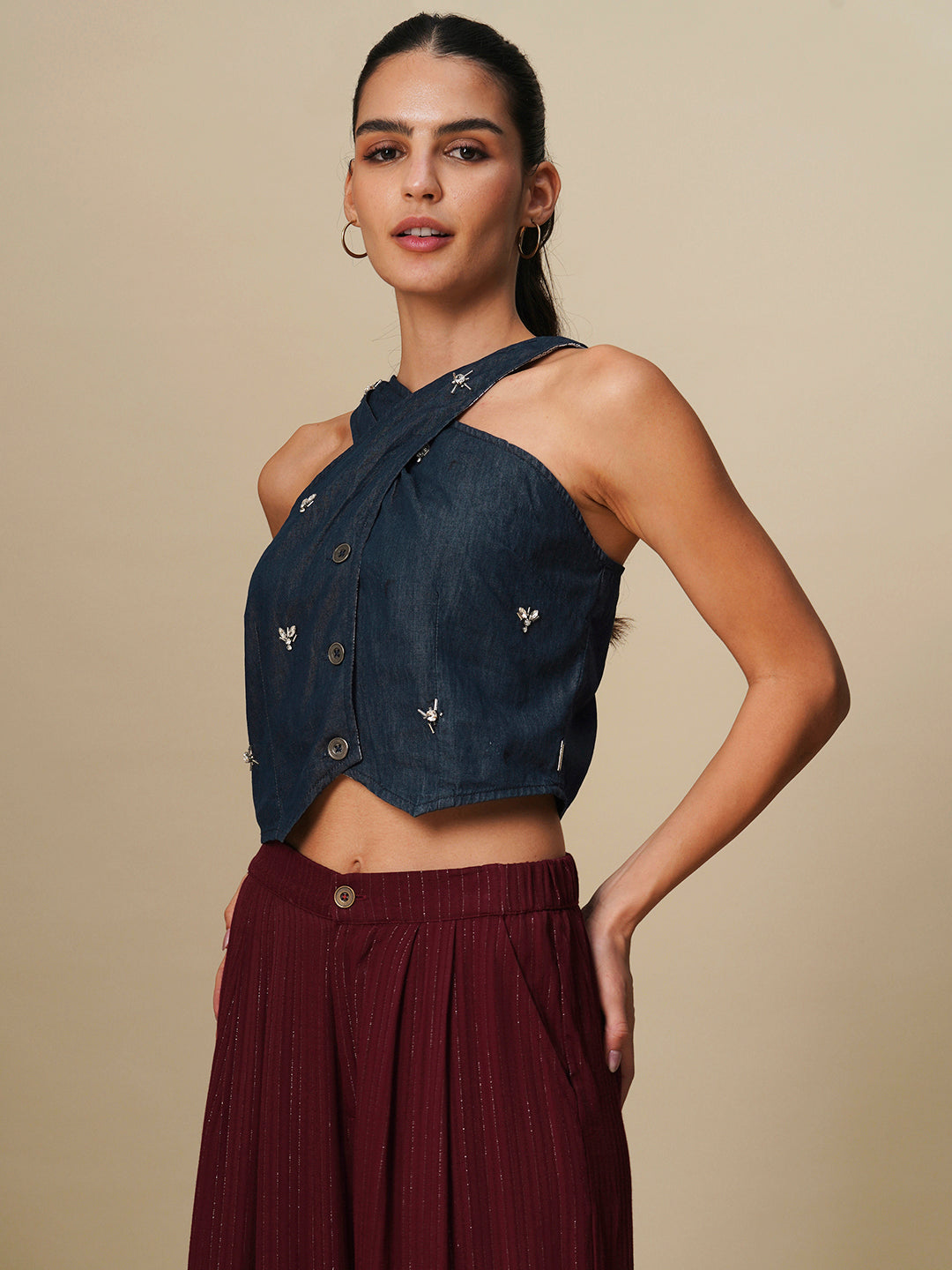 BUTTON DOWN EMBELLISHED HALTER TOP