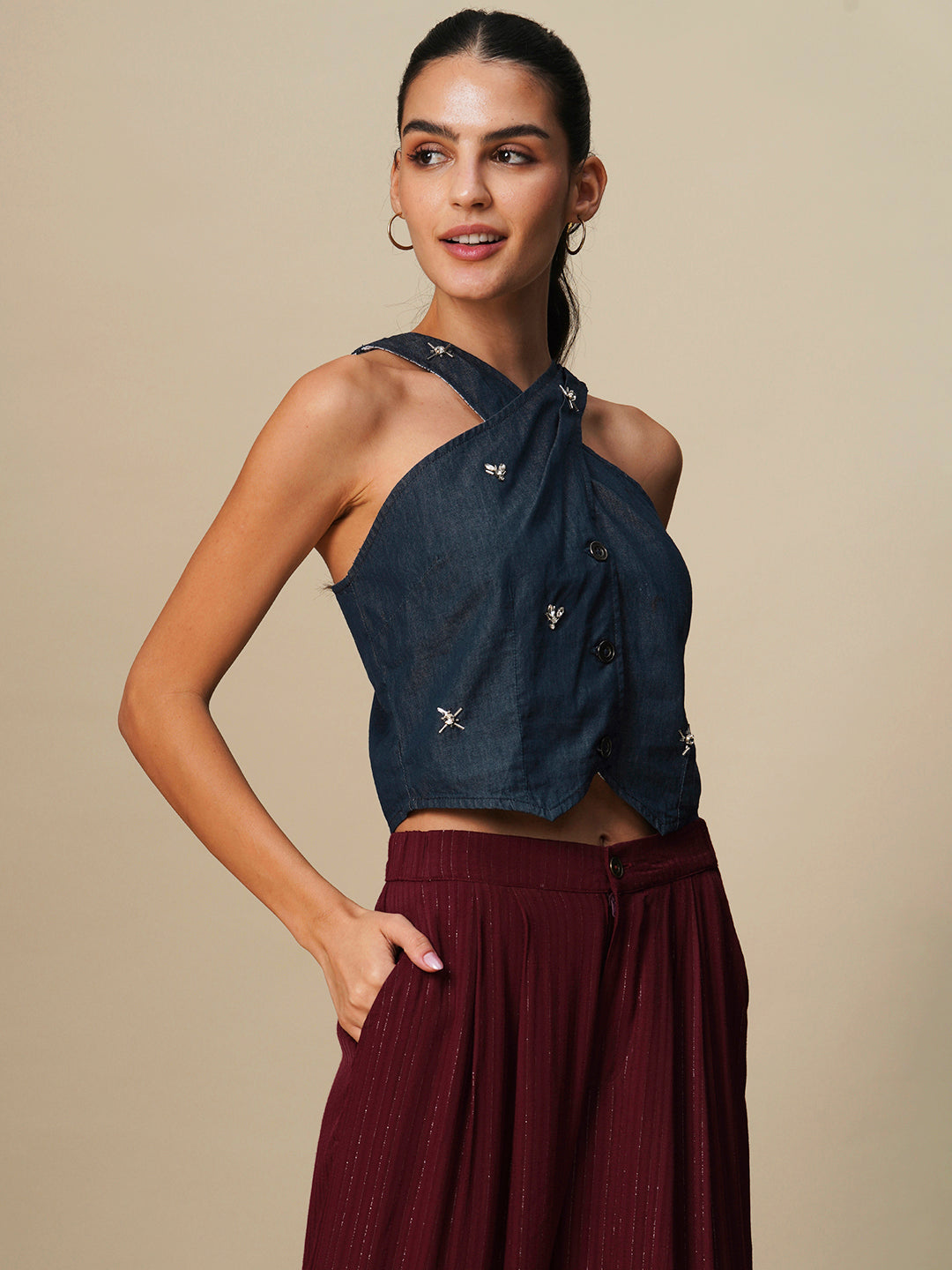 BUTTON DOWN EMBELLISHED HALTER TOP