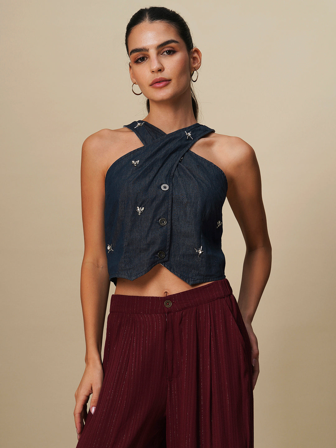 BUTTON DOWN EMBELLISHED HALTER TOP