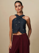 BUTTON DOWN EMBELLISHED HALTER TOP