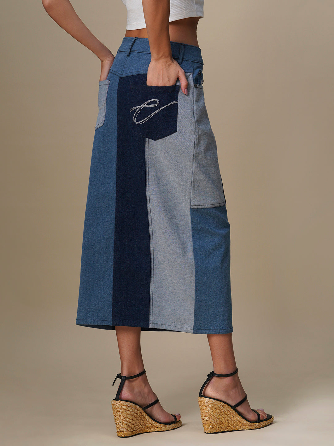 DENIM PATCHWORK STARIGHT SKIRT