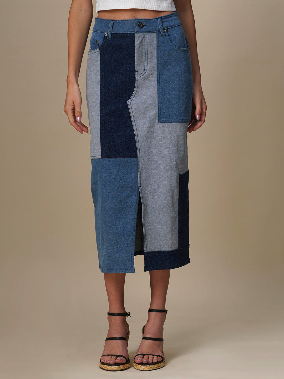 DENIM PATCHWORK STARIGHT SKIRT