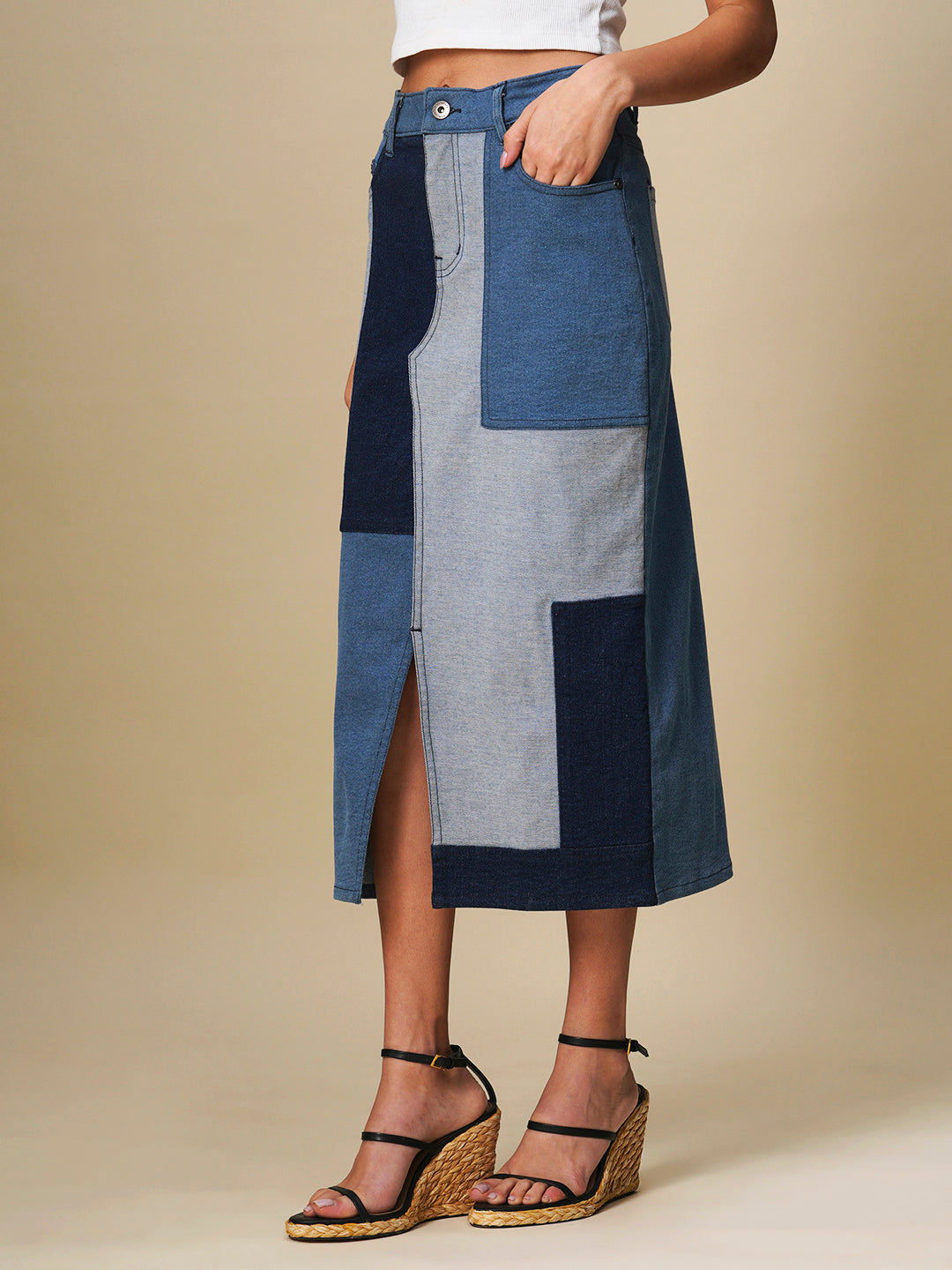 DENIM PATCHWORK STARIGHT SKIRT