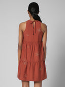 EMBROIDERED VISCOSE BLEND TIRED SWING DRESS