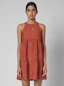 EMBROIDERED VISCOSE BLEND TIRED SWING DRESS