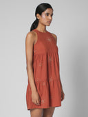 EMBROIDERED VISCOSE BLEND TIRED SWING DRESS