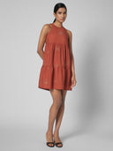 EMBROIDERED VISCOSE BLEND TIRED SWING DRESS