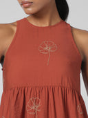 EMBROIDERED VISCOSE BLEND TIRED SWING DRESS