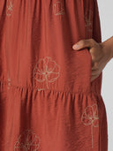 EMBROIDERED VISCOSE BLEND TIRED SWING DRESS