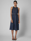 CUTAWAY MULTIPANELED DENIM MIDI DRESS