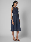CUTAWAY MULTIPANELED DENIM MIDI DRESS