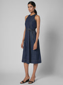 CUTAWAY MULTIPANELED DENIM MIDI DRESS
