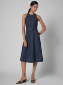 CUTAWAY MULTIPANELED DENIM MIDI DRESS