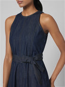 CUTAWAY MULTIPANELED DENIM MIDI DRESS