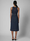 CUTAWAY MULTIPANELED DENIM MIDI DRESS