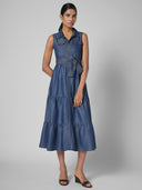 TIERED CUTAWAY DENIM MAXI DESS