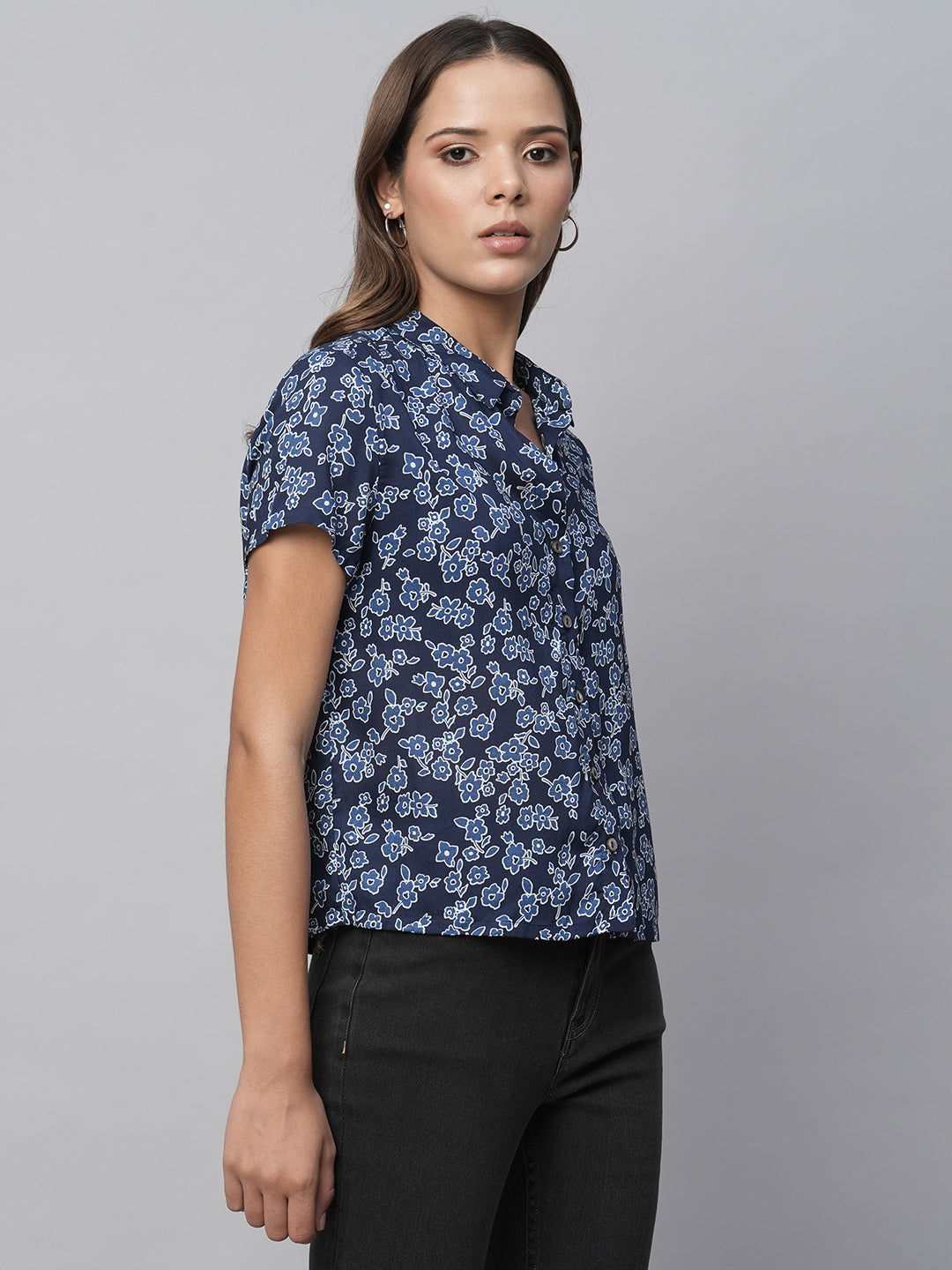 Floral Printed Modal Straight Fit Cropped Shirt