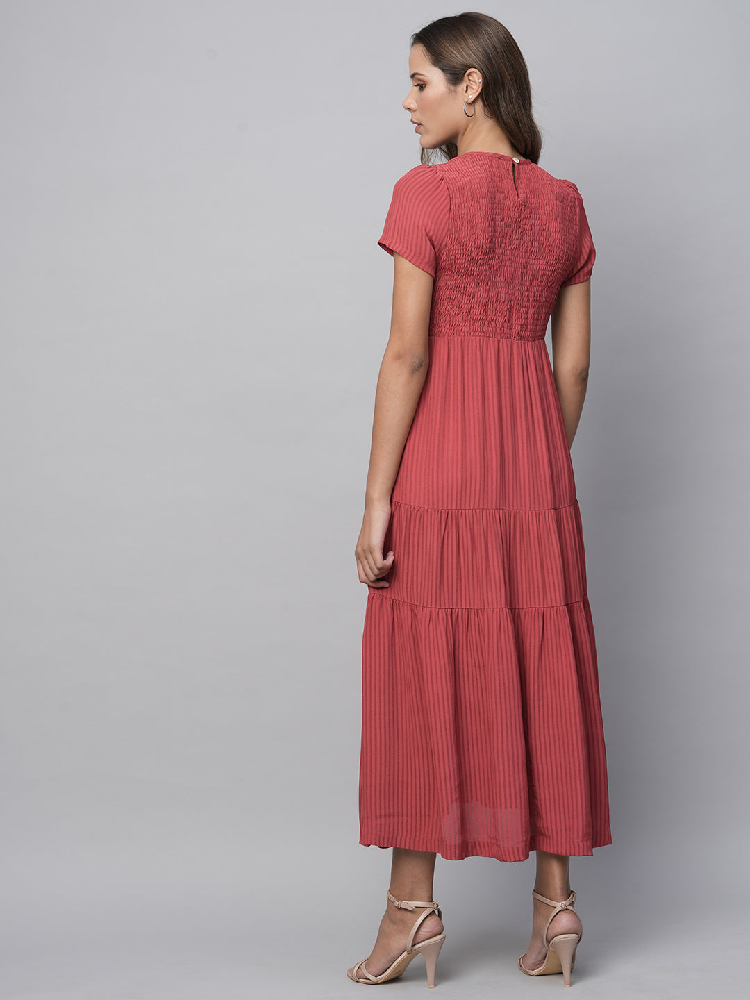 Viscose Crepe Dobby Smocked Basque Tiered Midi Dress