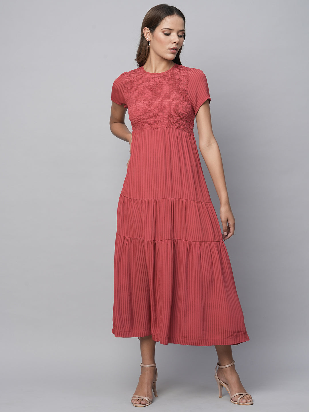 Viscose Crepe Dobby Smocked Basque Tiered Midi Dress