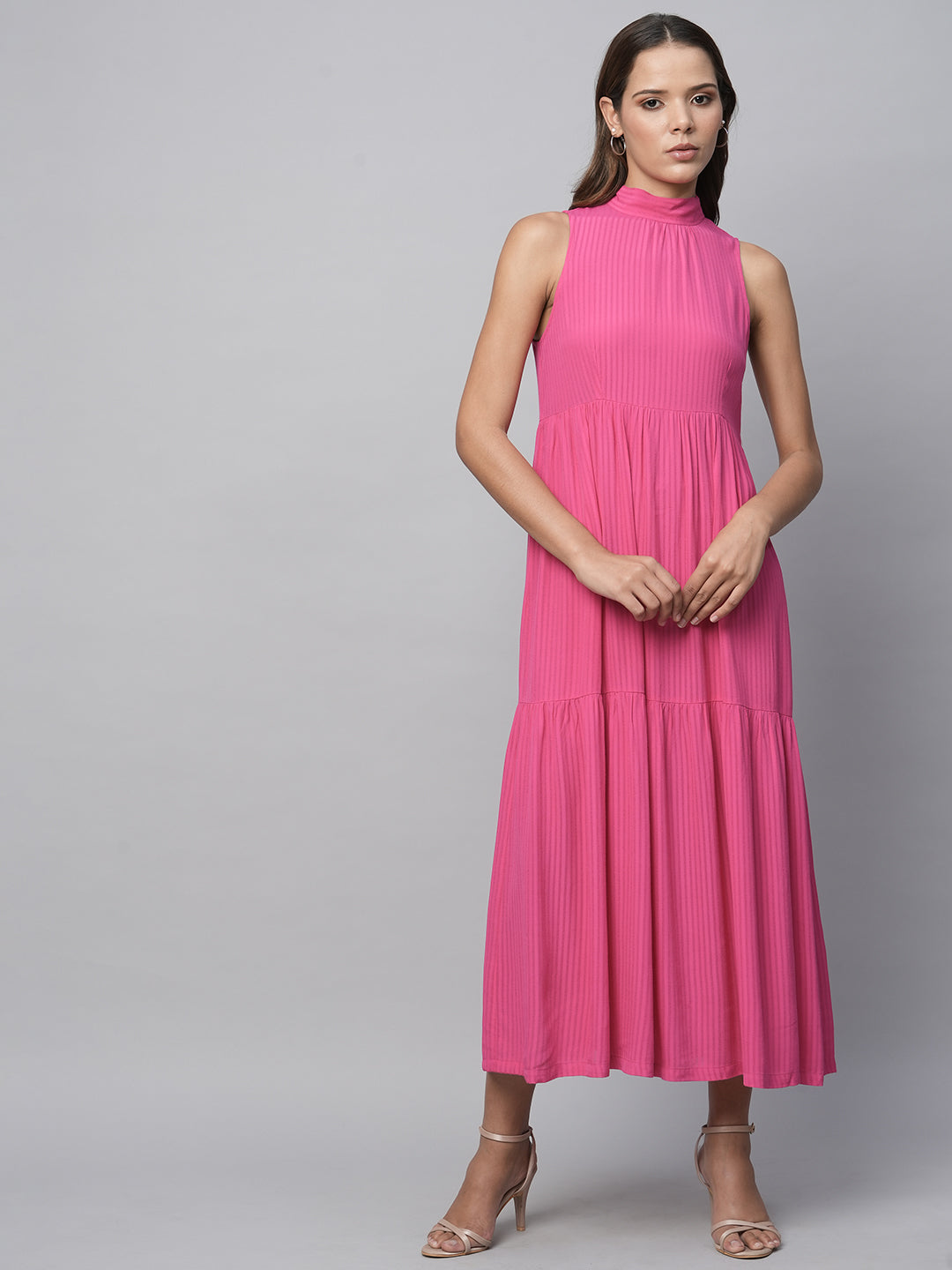 Viscose Crepe Dobby Incut Tie Neck, Tiered Dress
