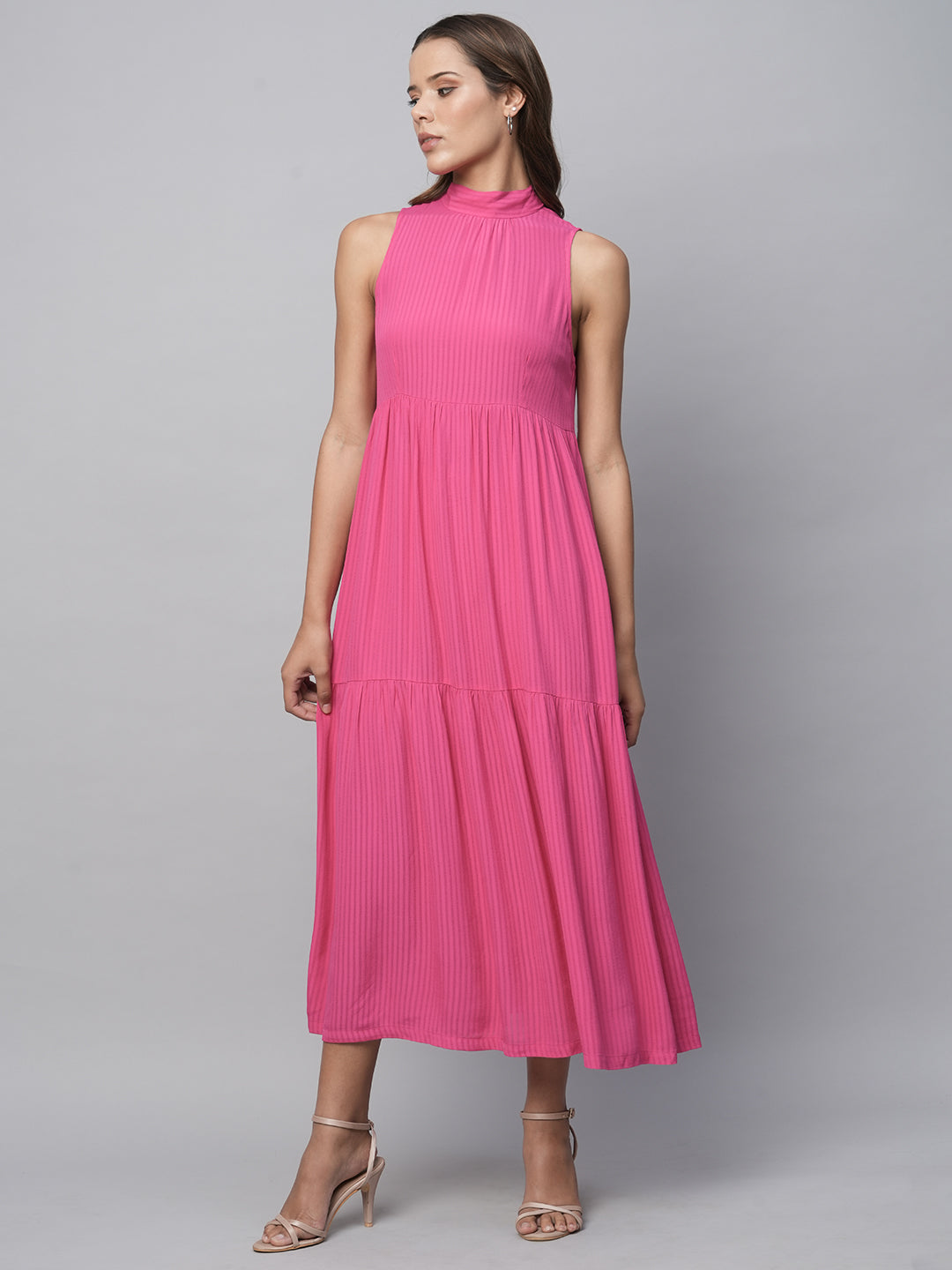 Viscose Crepe Dobby Incut Tie Neck, Tiered Dress