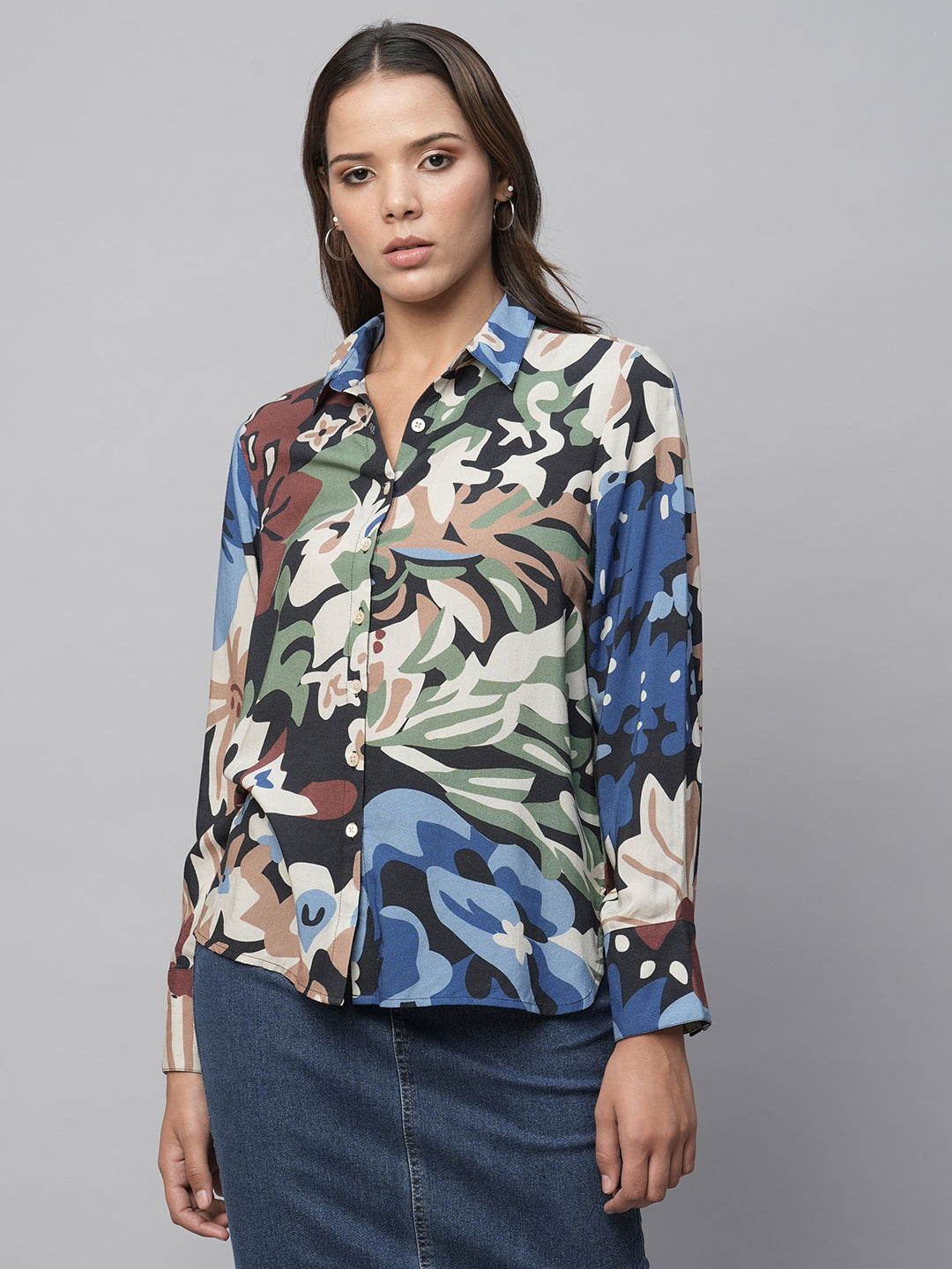 Avatar Floral Printed Viscose Shirt With Hi - Low Hemline