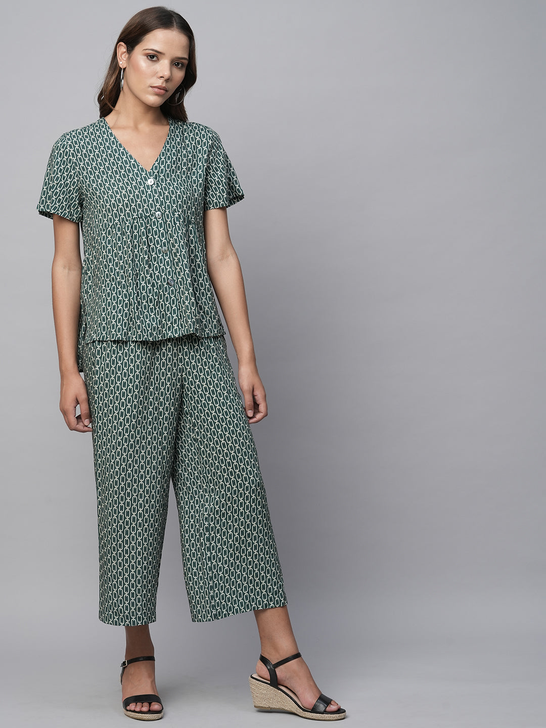 Printed Viscose Basque Swing Top With Pull On Wide Leg Cropped Pants