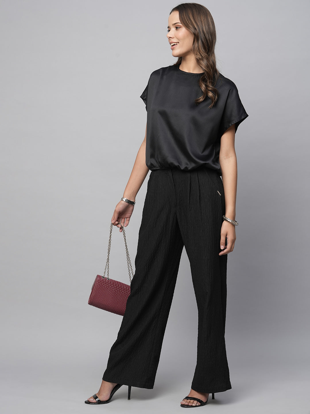 Textured Poly Pleated Fluid Trousers