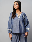Crosshatch Cotton Chambray Embroidered Raglan Sleeve Tunic Top