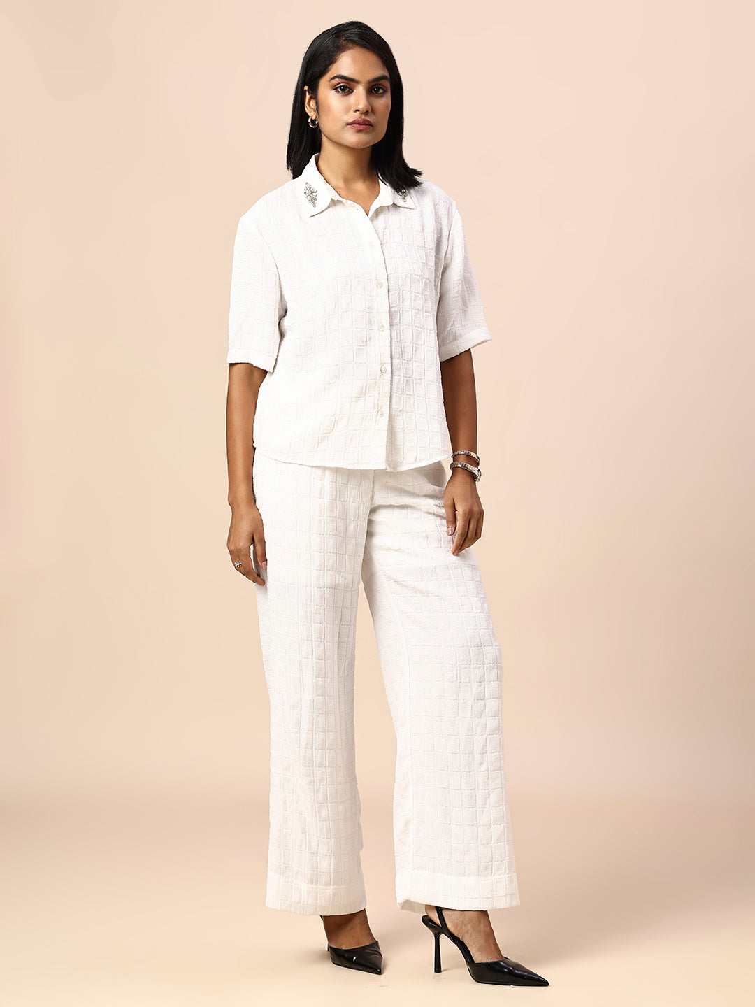 TEXTURED EMBELLISHED SHIRT & WIDE LEG PANTS CO-ORD SET