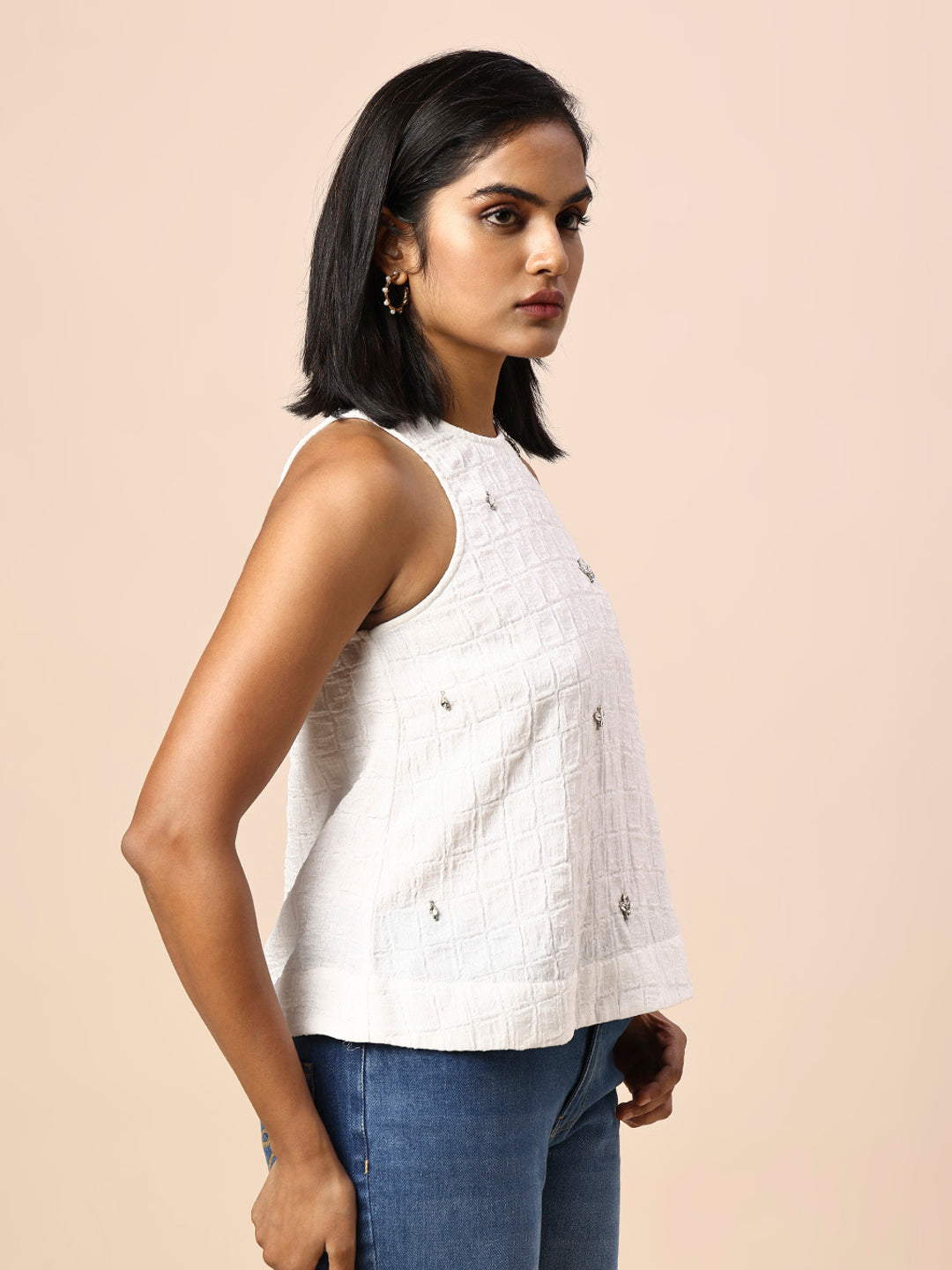 TEXTURED INCUT EMBELLISHED CROPPED A-LINE TOP