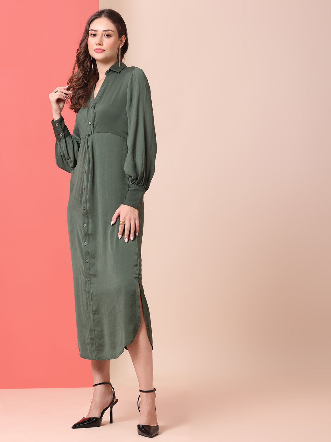 HAMMERED SATIN TWISTED DETAIL SHIRT DRESS