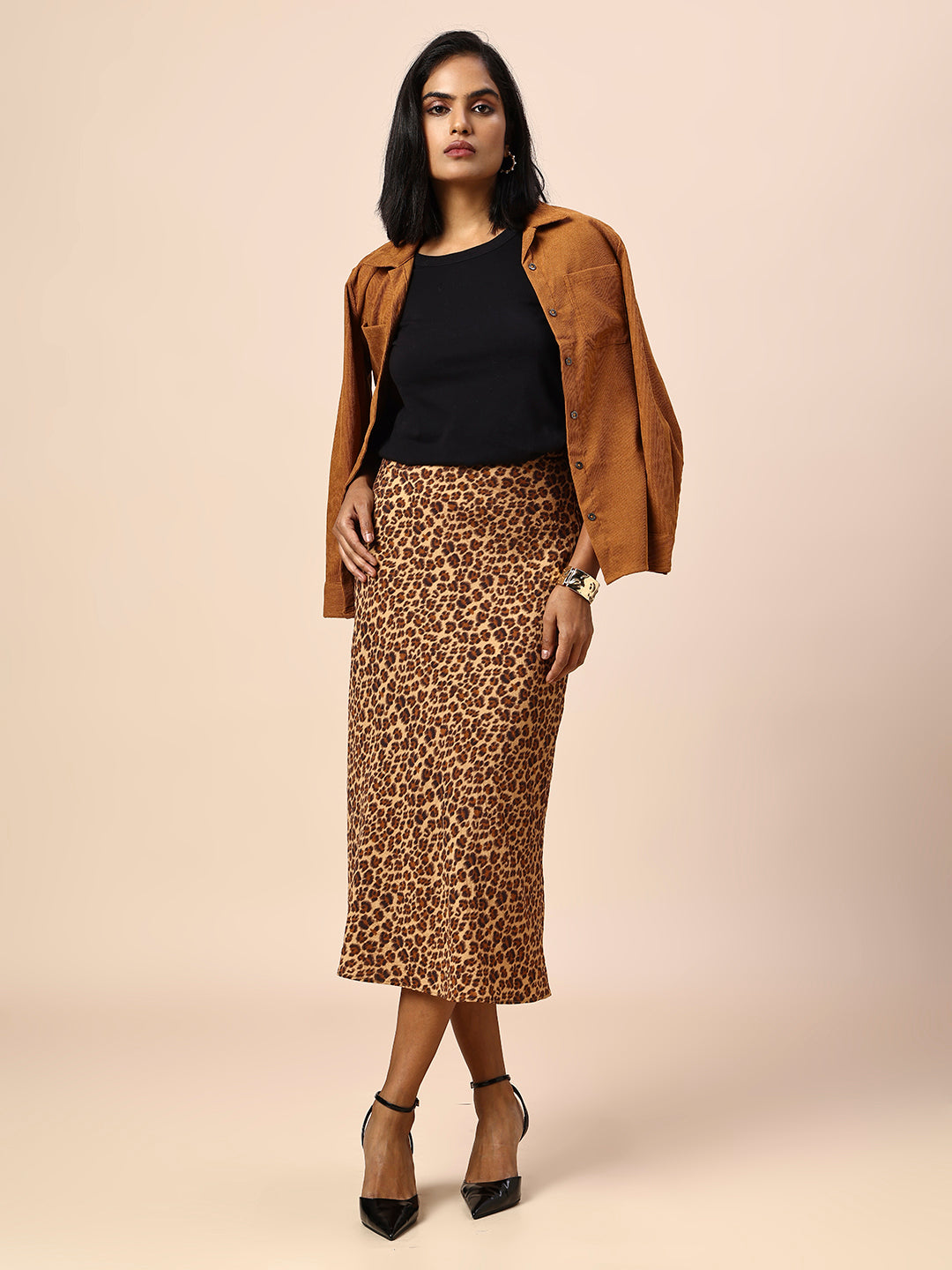 LEOPARD PRINTED BIAS CUT SKIRT