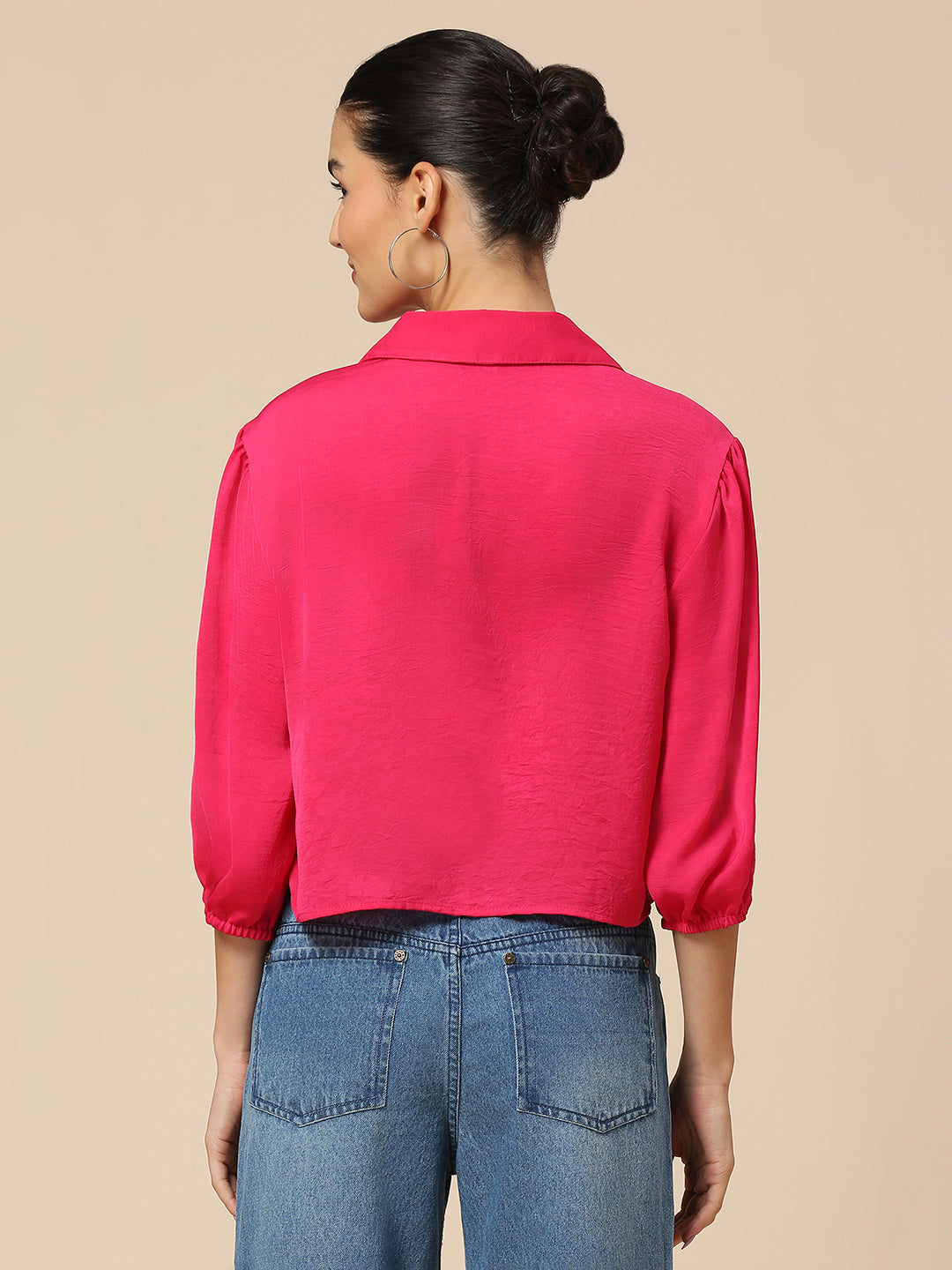 CRUSHED POLY CROPPED SHIRT W/ ELASTICATED SLEEVES